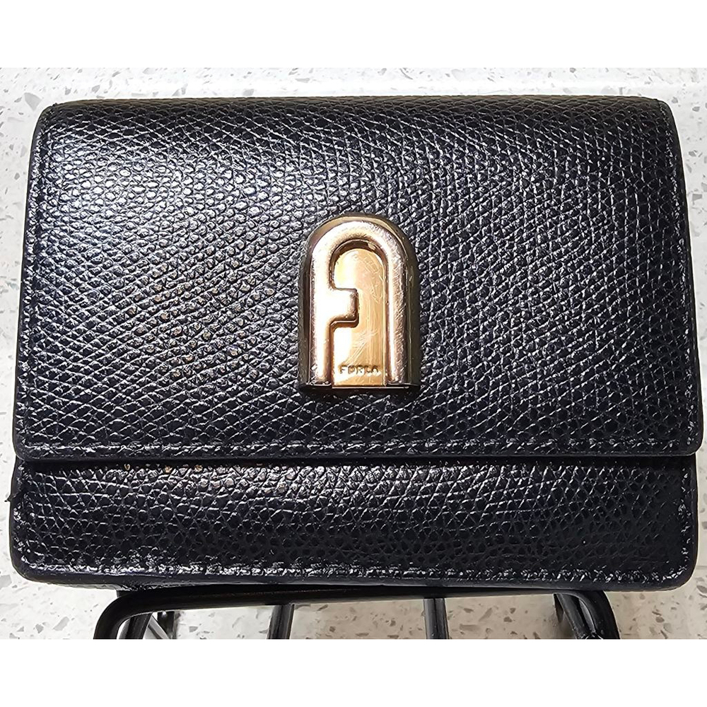 Compact Tri-Fold Black Furla Wallet with Gold hardware